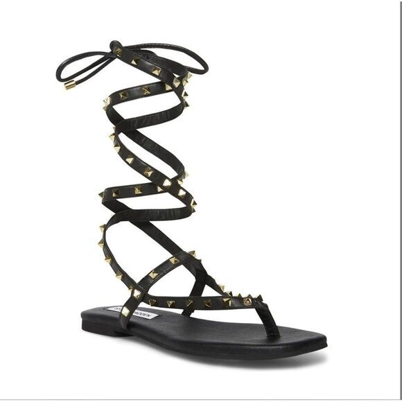 It’s Comfortable Women’s Black Gold Stud Gladiator Wraparound Thong Sandals Sz 9 - Picture 12 of 12